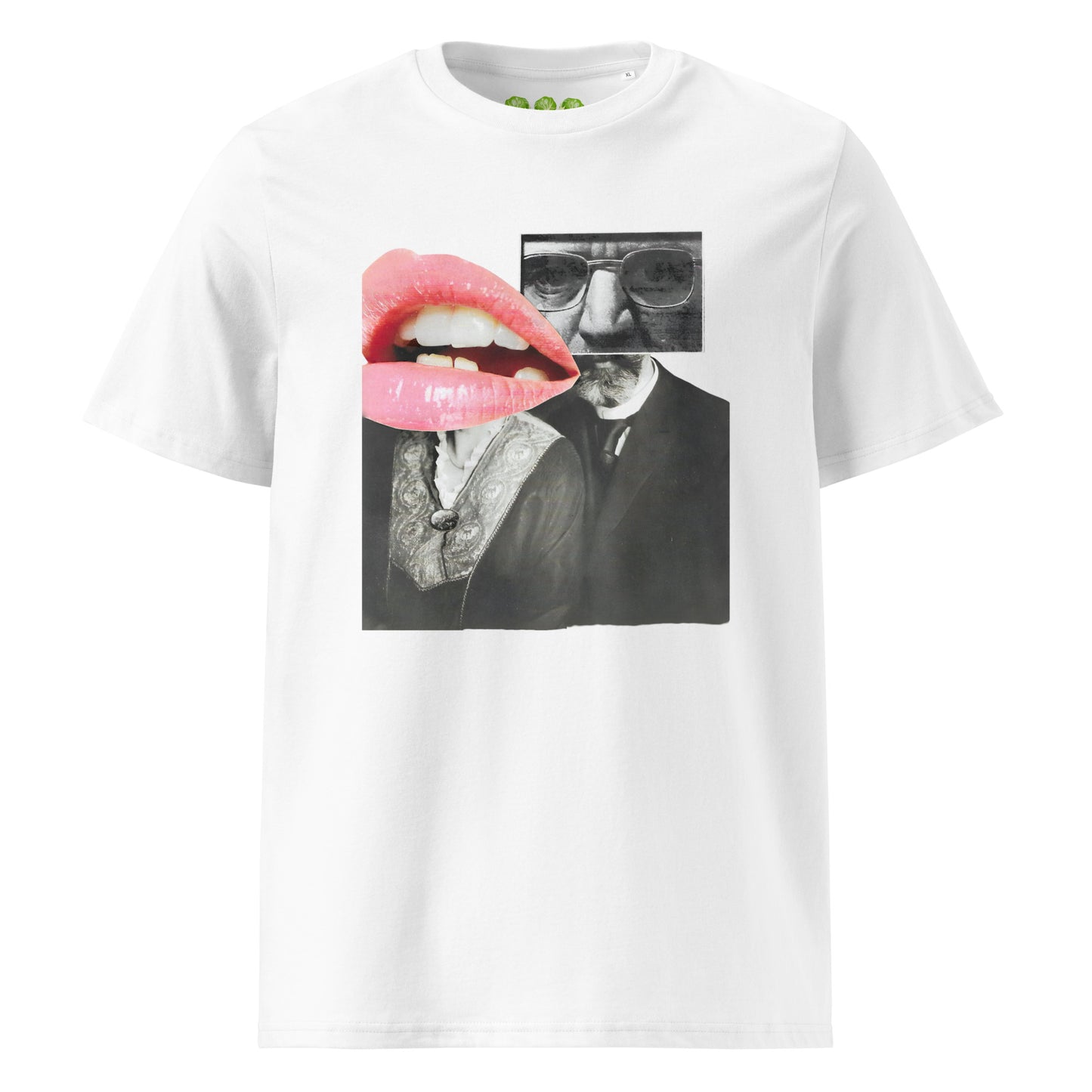 White unisex organic t-shirt with the Sunset Kiss collar artwork by artist Ash Long. Drop Nº5 in the collab ArtTeeShow + Ash Long.