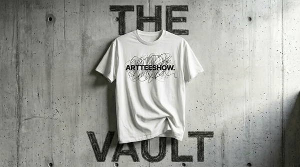 A high-fashion streetwear product shot of a white ArtTeeShow t-shirt hanging against a raw concrete wall covered in charcoal scribbles. The text "THE VAULT" is stenciled on the floor and wall in gritty black spray paint. The t-shirt features the bold "ARTTEESHOW." logo across the chest.