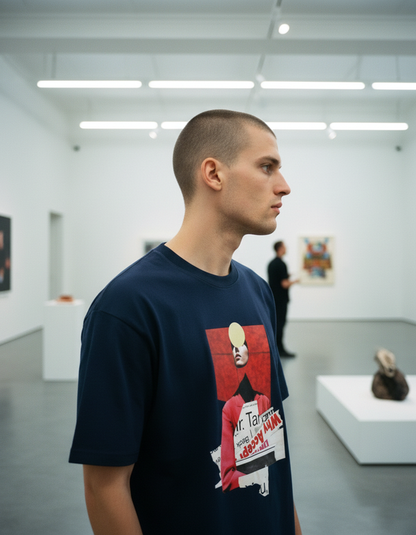 Artistic medium shot. The model is wearing the Osaka Six: 003, Construct Tee. Artwork by collage artist cor_aze, made by ARTTEESHOW.