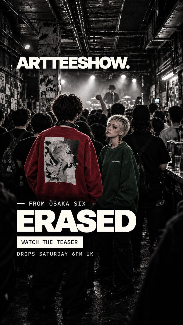 Promotional poster for Artteeshow featuring a crowded concert or club scene in black and white, with a person in the center wearing a red sweatshirt with a large black-and-white graphic print on the back. Large white text reads 'ARTTEESHOW.