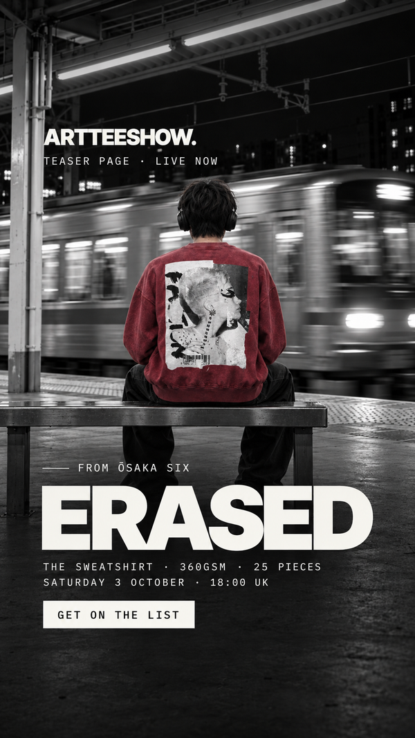 Promotional poster for the 'ERASED' sweatshirt by Artteeshow, featuring a person from behind wearing a red sweatshirt with a large black-and-white graphic print on the back, seated on a platform next to a blurred train at night.