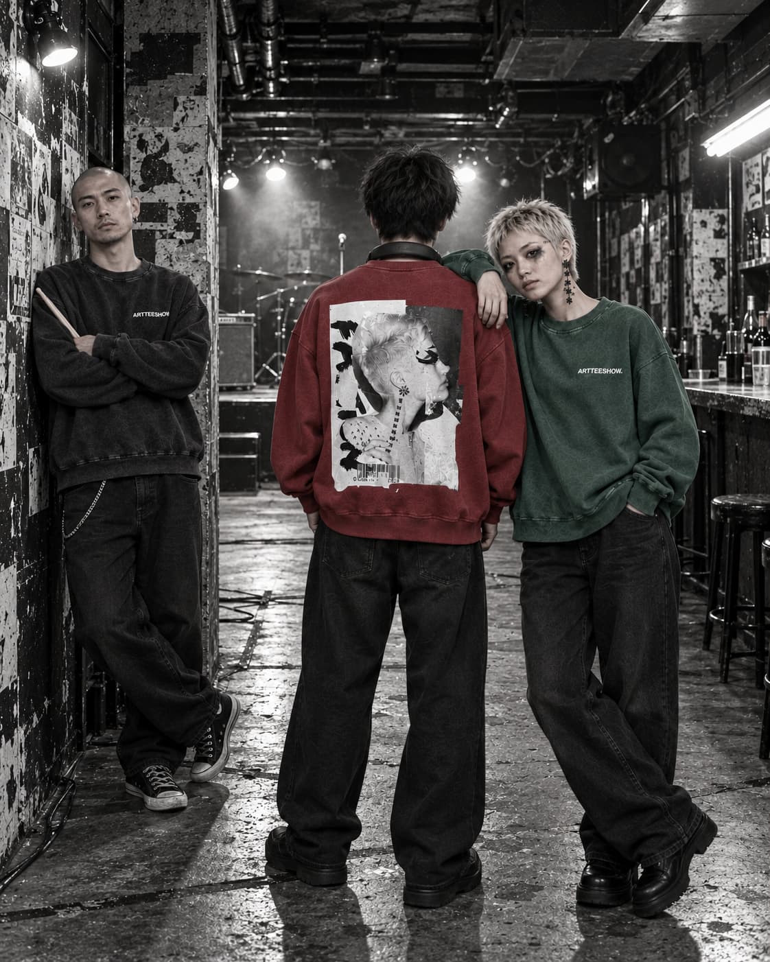ERASED sweatshirt in Jujube Red, back: Kazu's collage portrait printed large on snow-washed 360GSM fleece. 