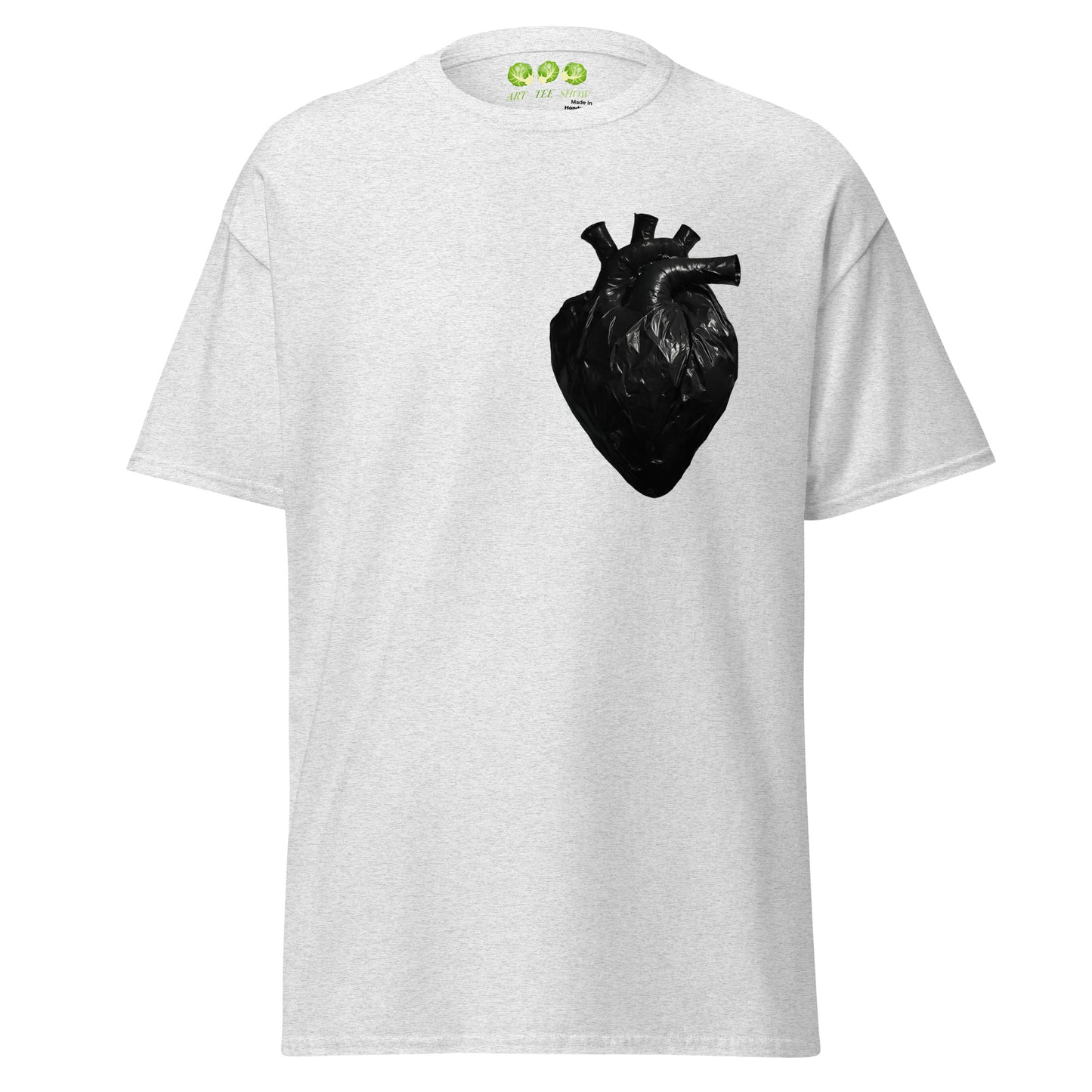 Ash coloured unisex t-shirt with a realistic black plastic trash bag anatomical heart graphic on the left chest. Grunge aesthetic streetwear design.