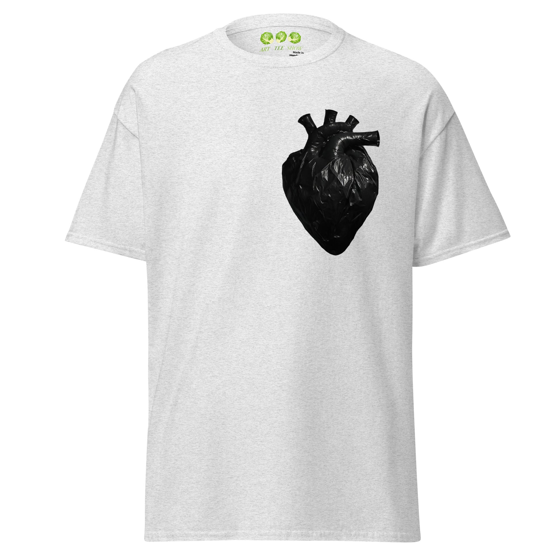 Ash coloured unisex t-shirt with a realistic black plastic trash bag anatomical heart graphic on the left chest. Grunge aesthetic streetwear design.