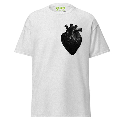 Ash coloured unisex t-shirt with a realistic black plastic trash bag anatomical heart graphic on the left chest. Grunge aesthetic streetwear design.