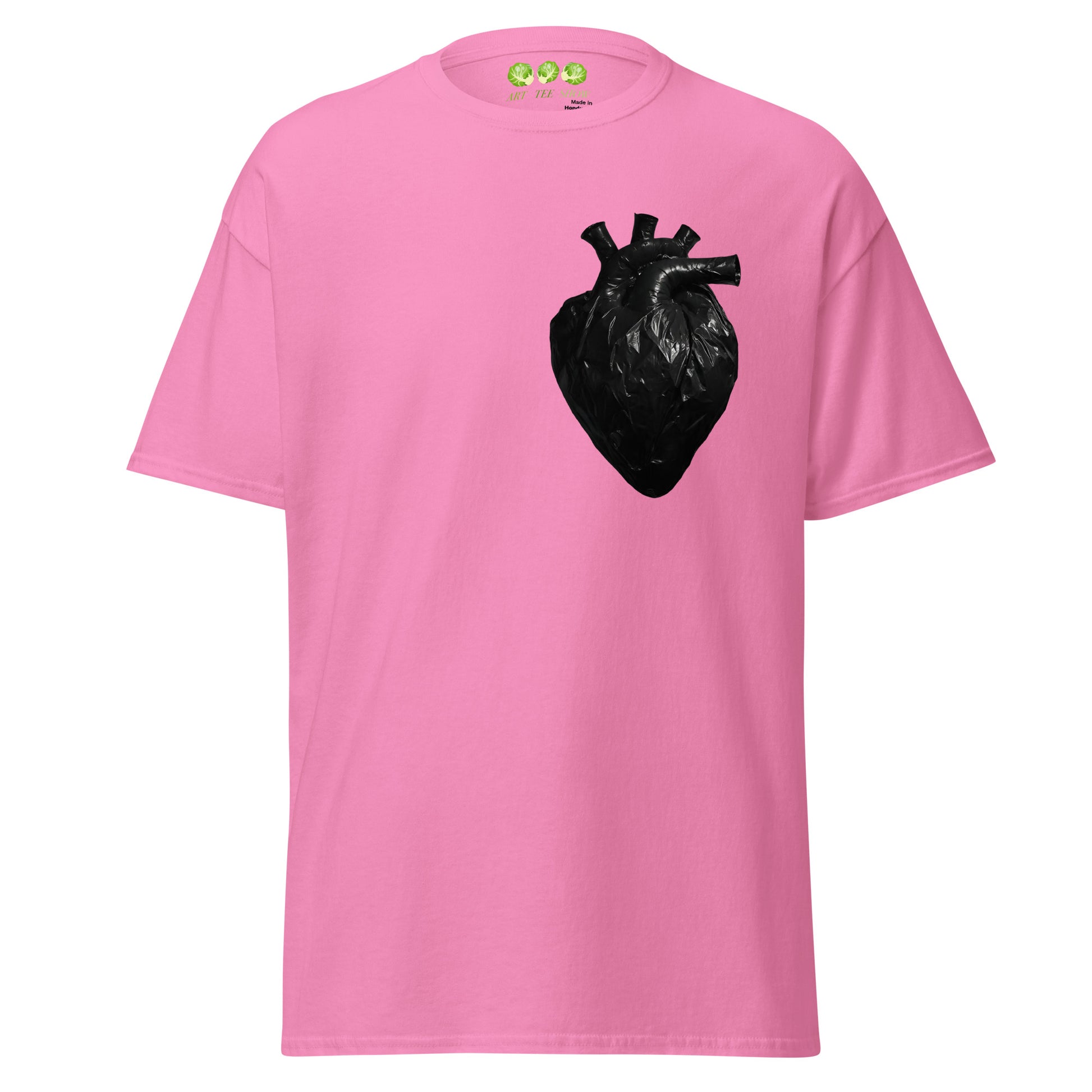 Azalea Pink coloured unisex t-shirt with a realistic black plastic trash bag anatomical heart graphic on the left chest. Grunge aesthetic streetwear design.