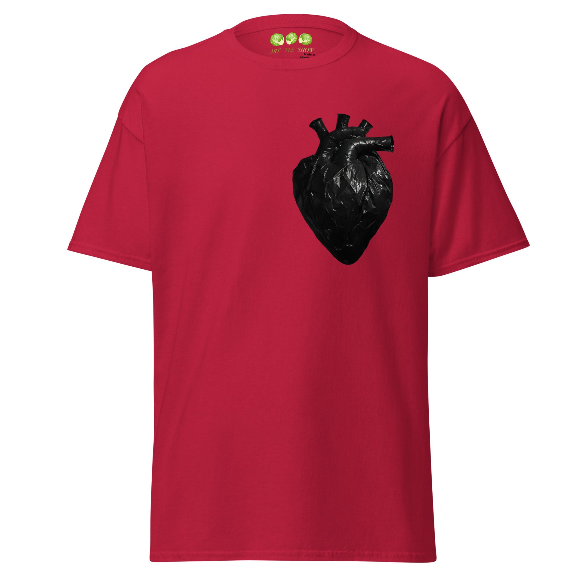 Red Cardinal coloured unisex t-shirt with a realistic black plastic trash bag anatomical heart graphic on the left chest. Grunge aesthetic streetwear design.