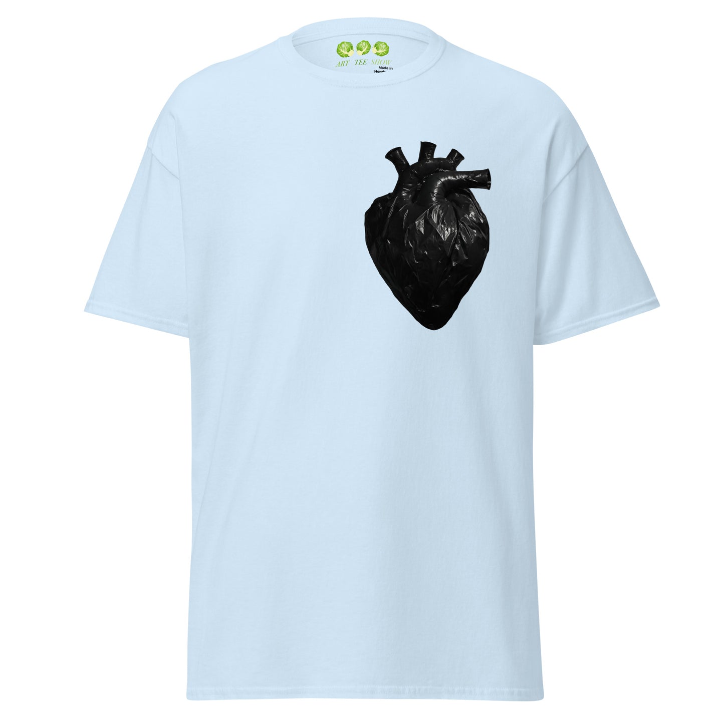 Light Blue coloured unisex t-shirt with a realistic black plastic trash bag anatomical heart graphic on the left chest. Grunge aesthetic streetwear design.