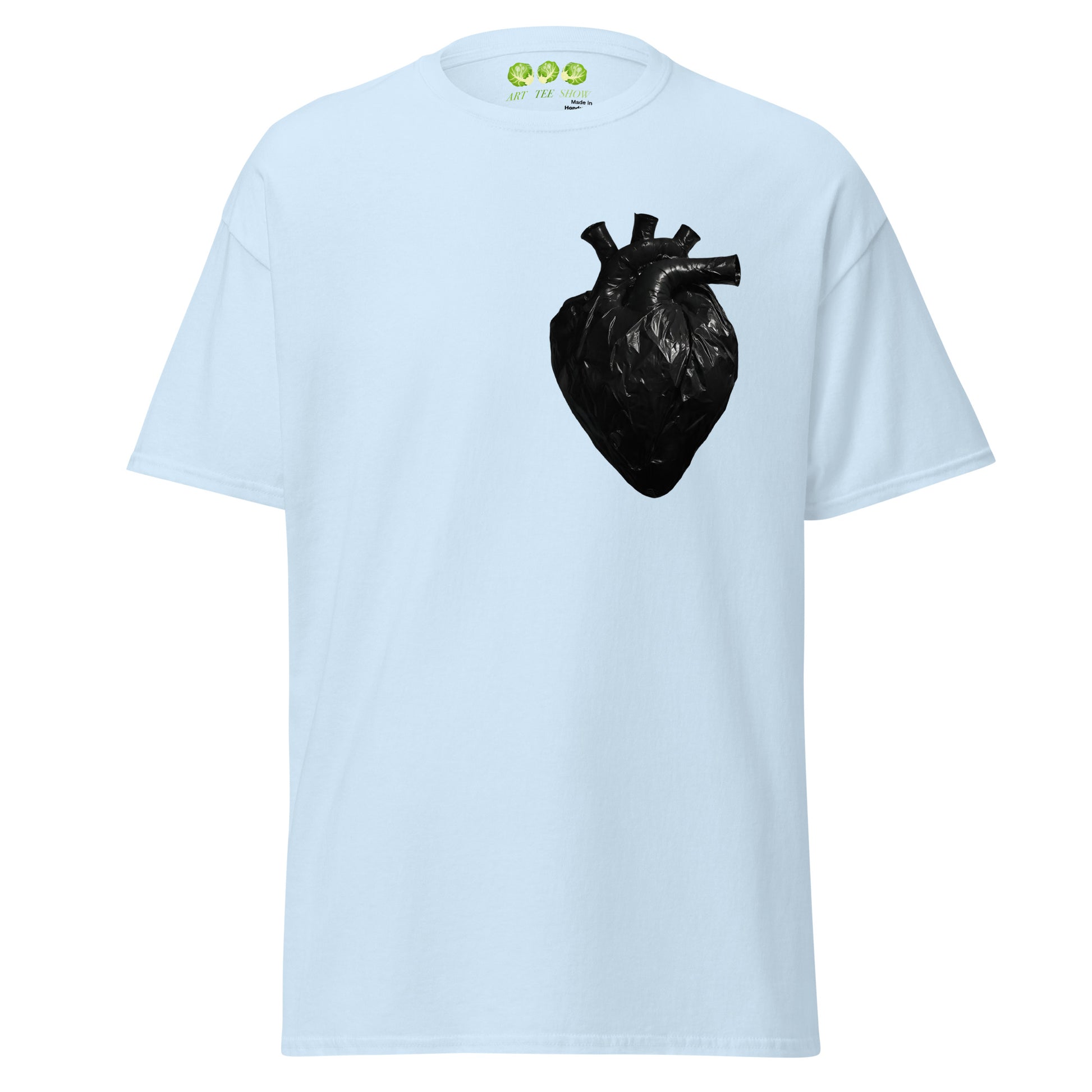 Light Blue coloured unisex t-shirt with a realistic black plastic trash bag anatomical heart graphic on the left chest. Grunge aesthetic streetwear design.