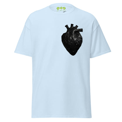 Light Blue coloured unisex t-shirt with a realistic black plastic trash bag anatomical heart graphic on the left chest. Grunge aesthetic streetwear design.