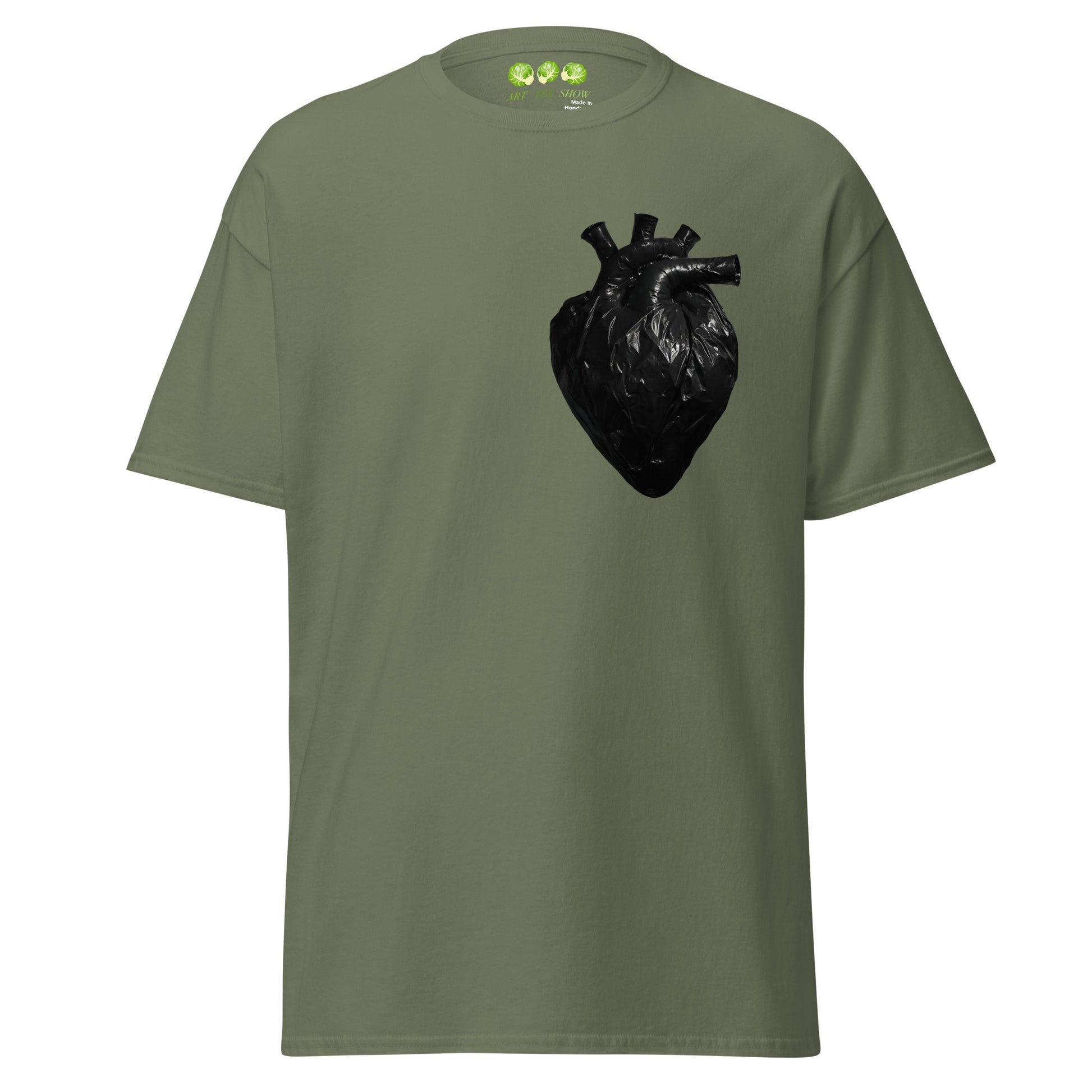 Military Green coloured unisex t-shirt with a realistic black plastic trash bag anatomical heart graphic on the left chest. Grunge aesthetic streetwear design.