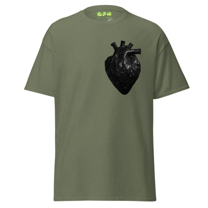Military Green coloured unisex t-shirt with a realistic black plastic trash bag anatomical heart graphic on the left chest. Grunge aesthetic streetwear design.
