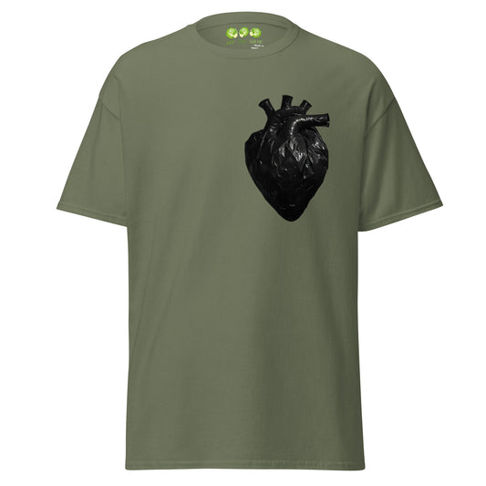 Military Green coloured unisex t-shirt with a realistic black plastic trash bag anatomical heart graphic on the left chest. Grunge aesthetic streetwear design.