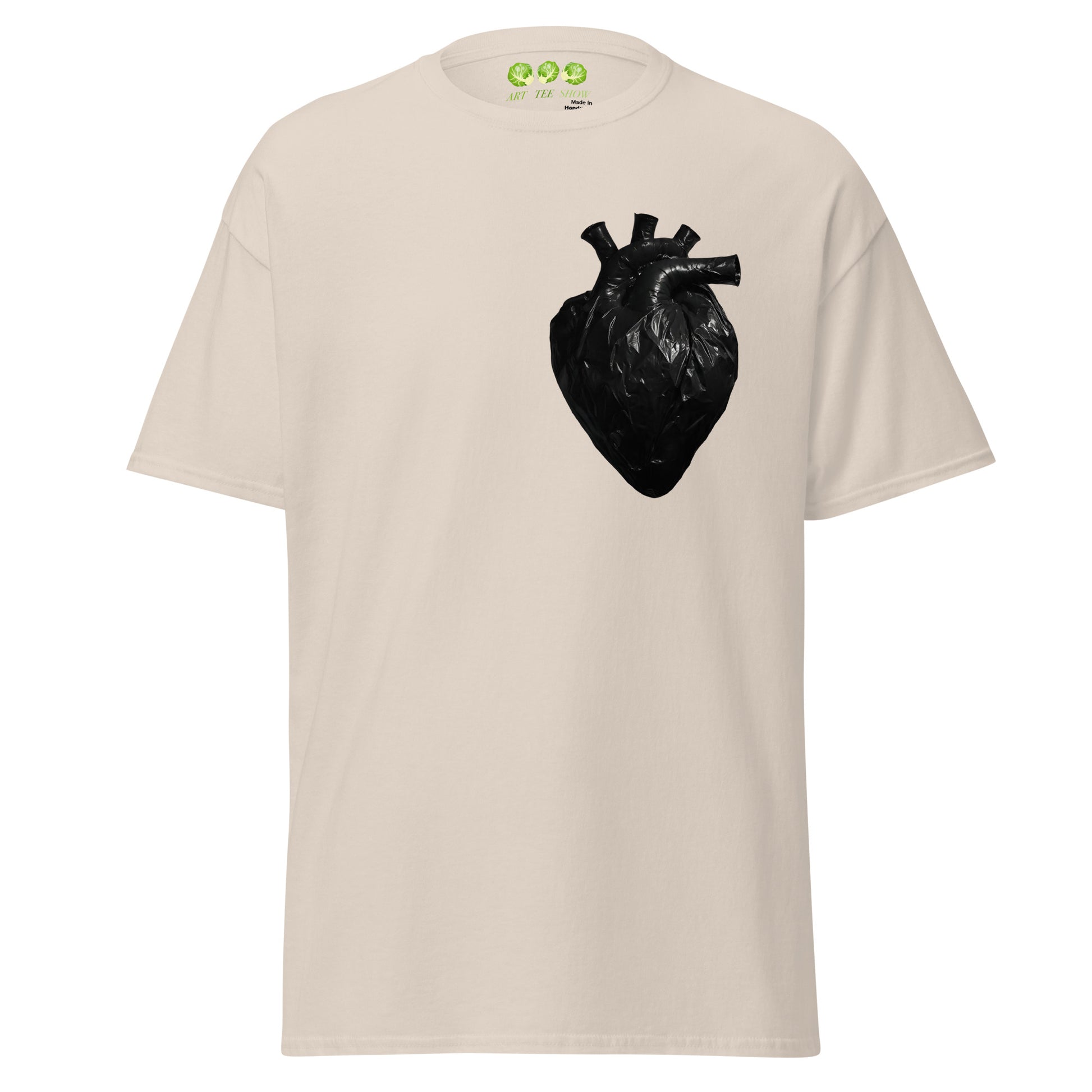 Natural coloured unisex t-shirt with a realistic black plastic trash bag anatomical heart graphic on the left chest. Grunge aesthetic streetwear design.
