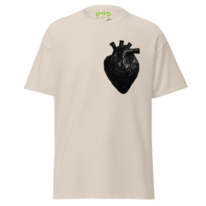 Natural coloured unisex t-shirt with a realistic black plastic trash bag anatomical heart graphic on the left chest. Grunge aesthetic streetwear design.