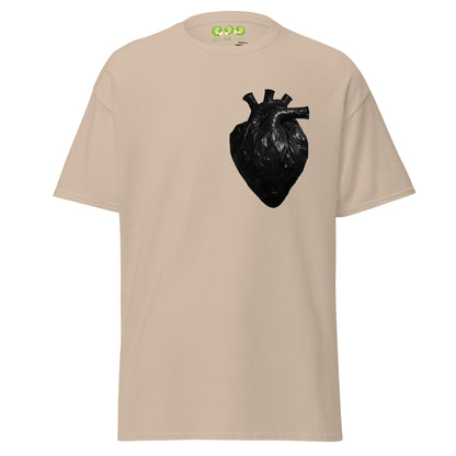 Sand coloured unisex t-shirt with a realistic black plastic trash bag anatomical heart graphic on the left chest. Grunge aesthetic streetwear design.