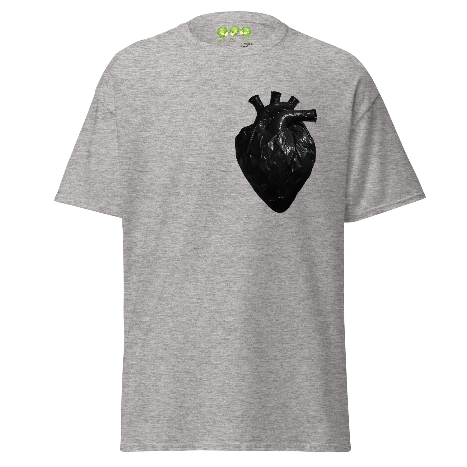 Sport Grey coloured unisex t-shirt with a realistic black plastic trash bag anatomical heart graphic on the left chest. Grunge aesthetic streetwear design.