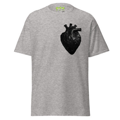Sport Grey coloured unisex t-shirt with a realistic black plastic trash bag anatomical heart graphic on the left chest. Grunge aesthetic streetwear design.