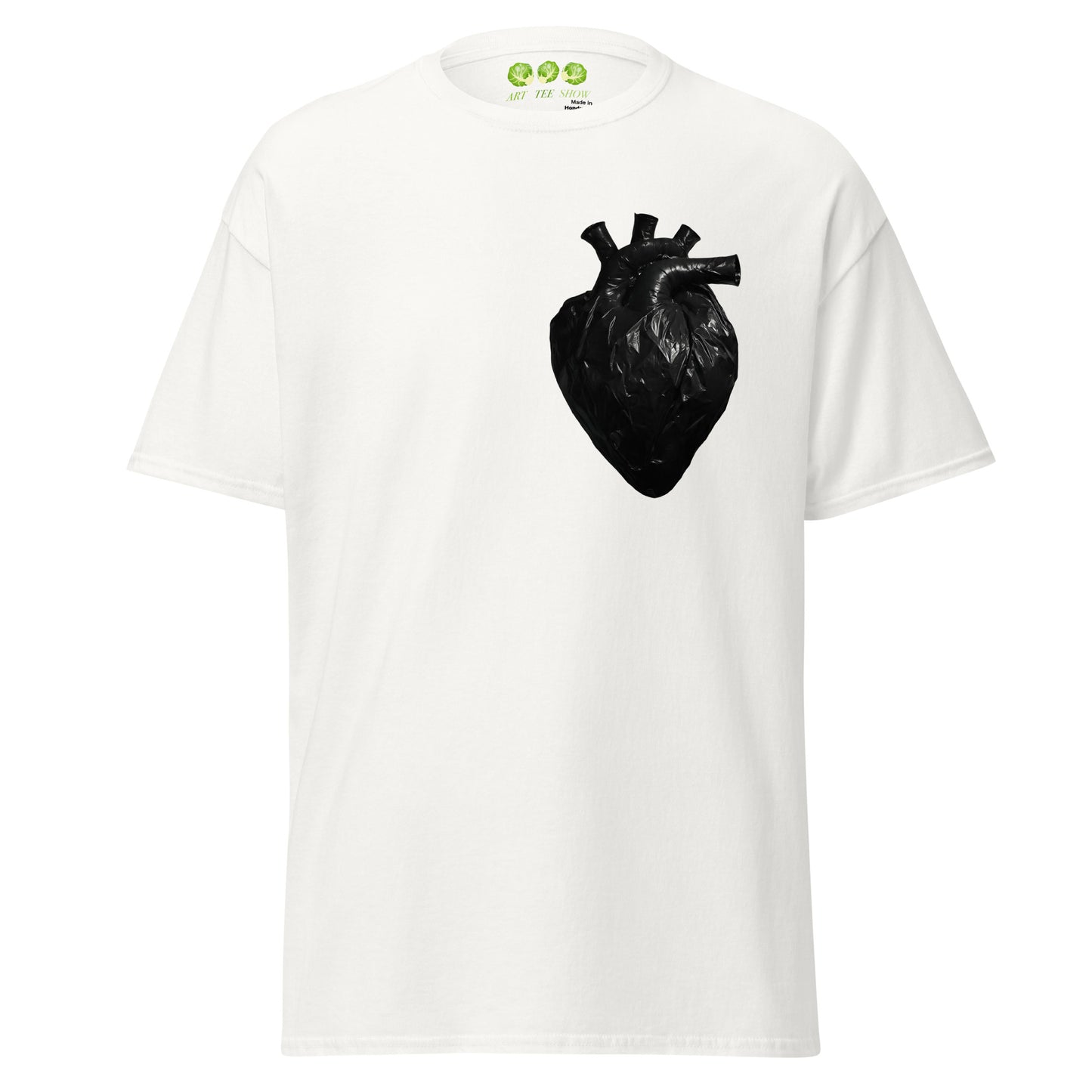 White coloured unisex t-shirt with a realistic black plastic trash bag anatomical heart graphic on the left chest. Grunge aesthetic streetwear design.
