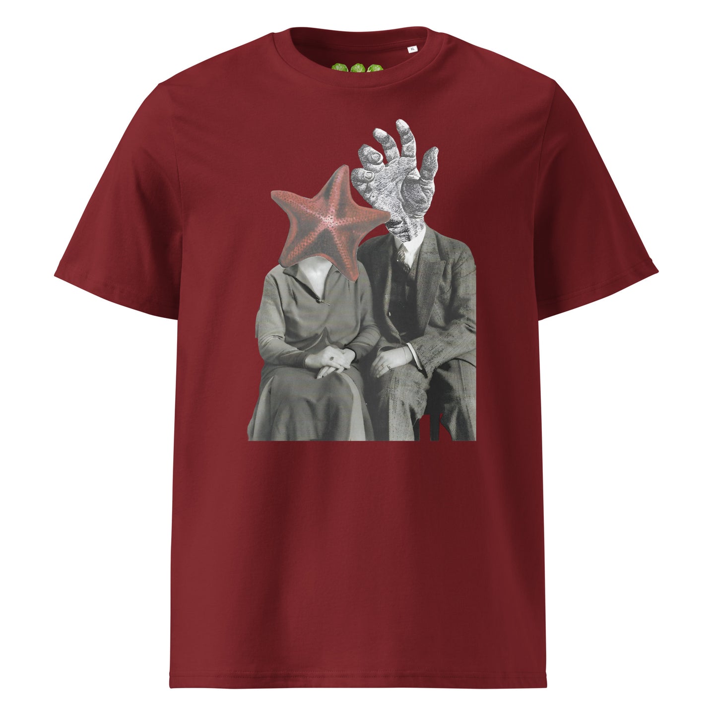 Red Burgundy "The Atlantis Lovers" collage artwork Unisex organic Art Tee Show t-shirt. Drop Nº4 of the ArtTeeShow + Ash Long collab.