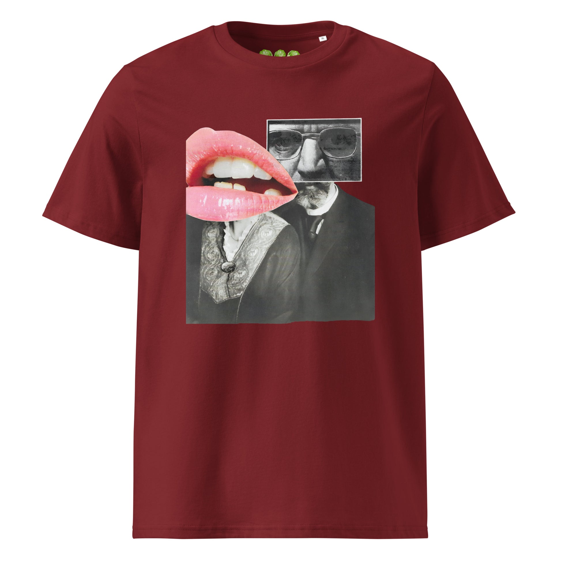 Red Burgundy unisex organic t-shirt with the Sunset Kiss collar artwork by artist Ash Long. Drop Nº5 in the collab ArtTeeShow + Ash Long.