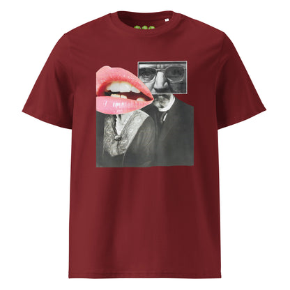 Red Burgundy unisex organic t-shirt with the Sunset Kiss collar artwork by artist Ash Long. Drop Nº5 in the collab ArtTeeShow + Ash Long.