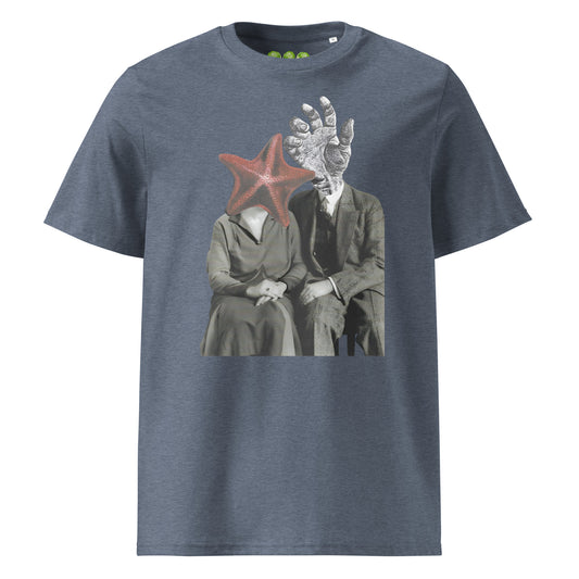 Dark Heather Blue "The Atlantis Lovers" collage artwork Unisex organic Art Tee Show t-shirt. Drop Nº4 of the ArtTeeShow + Ash Long collab.