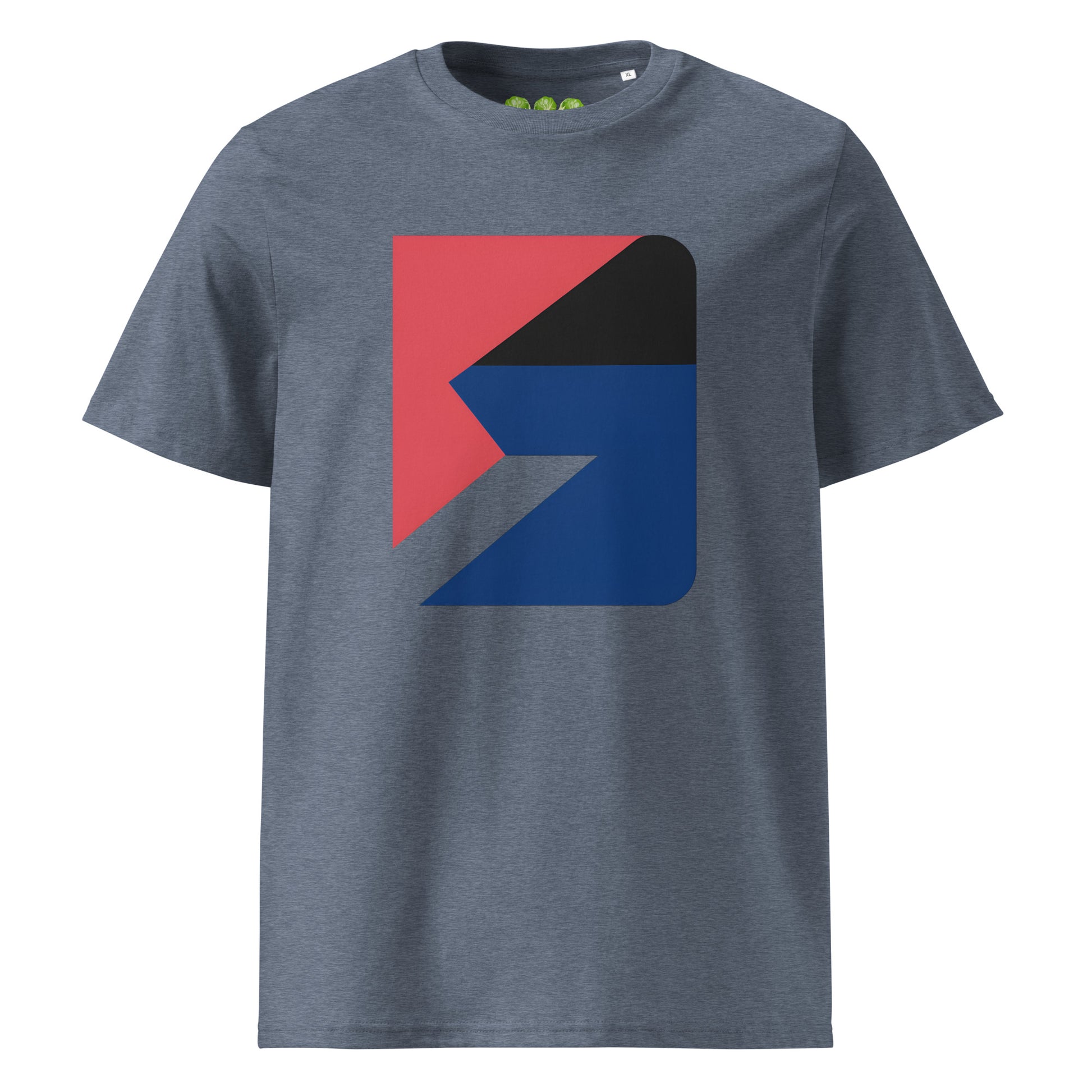 Chromatic Fracture Art Tee Show Unisex Organic t-shirt in Dark Heather Blue.