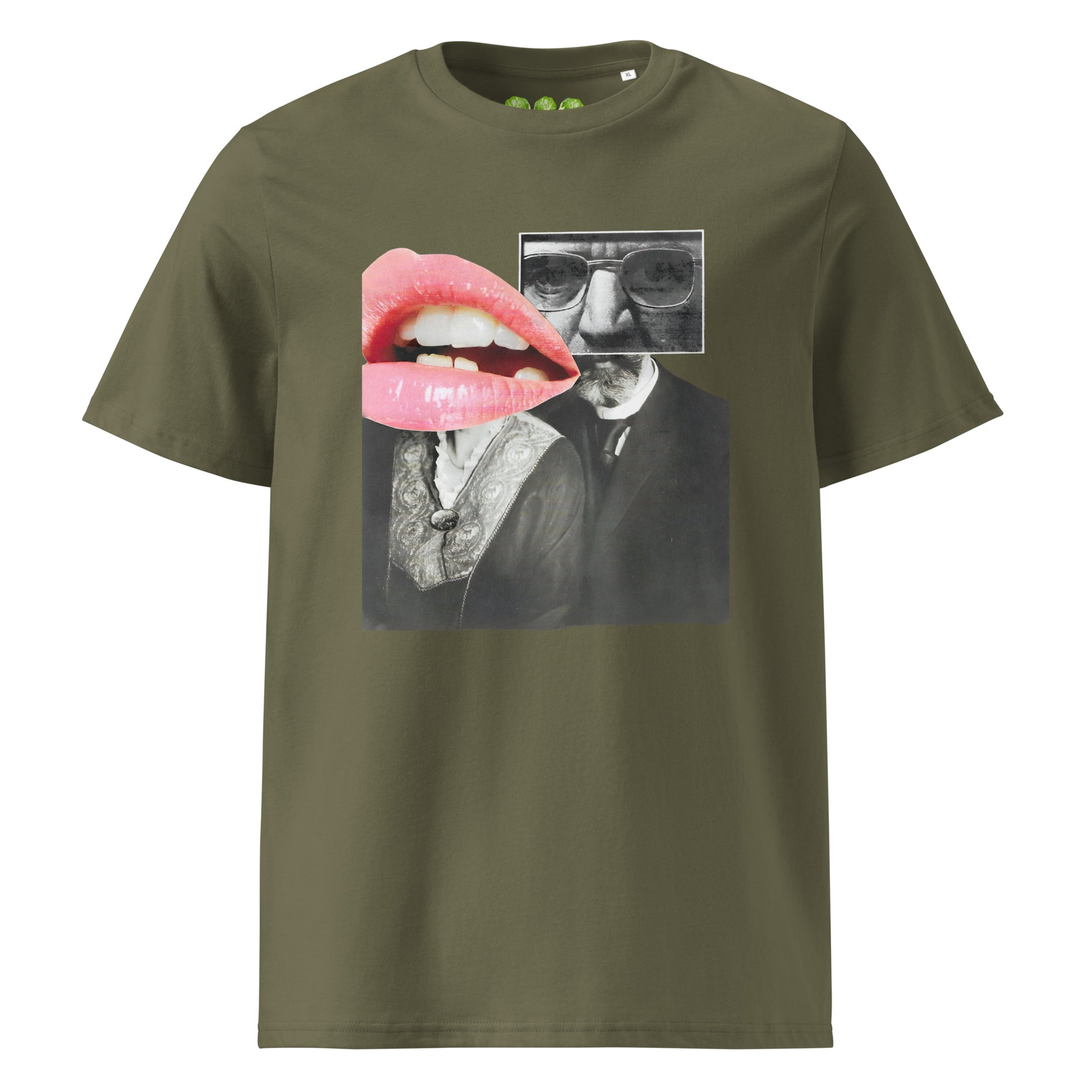 Khaki unisex organic t-shirt with the Sunset Kiss collar artwork by artist Ash Long. Drop Nº5 in the collab ArtTeeShow + Ash Long.