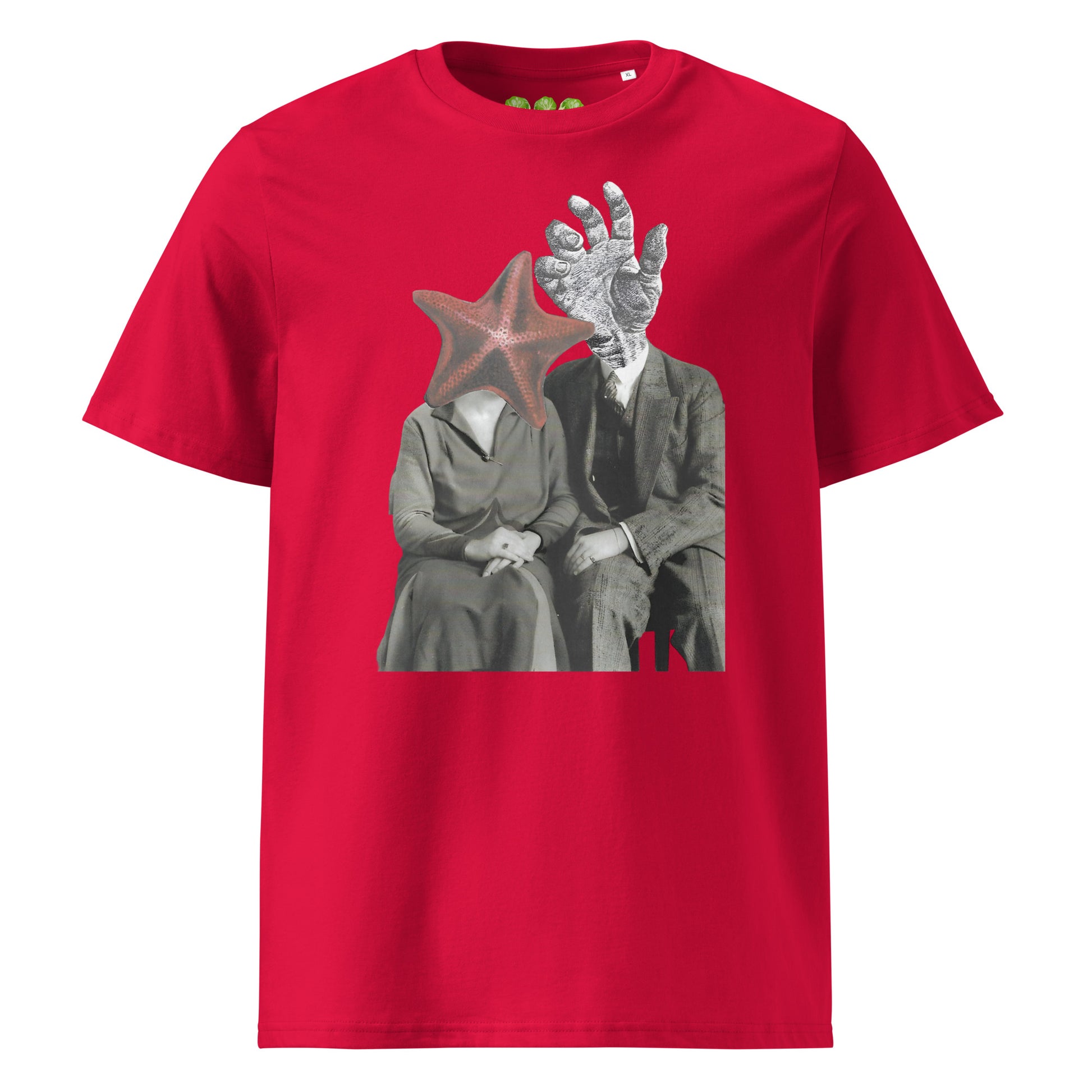 Red "The Atlantis Lovers" collage artwork Unisex organic Art Tee Show t-shirt. Drop Nº4 of the ArtTeeShow + Ash Long collab.