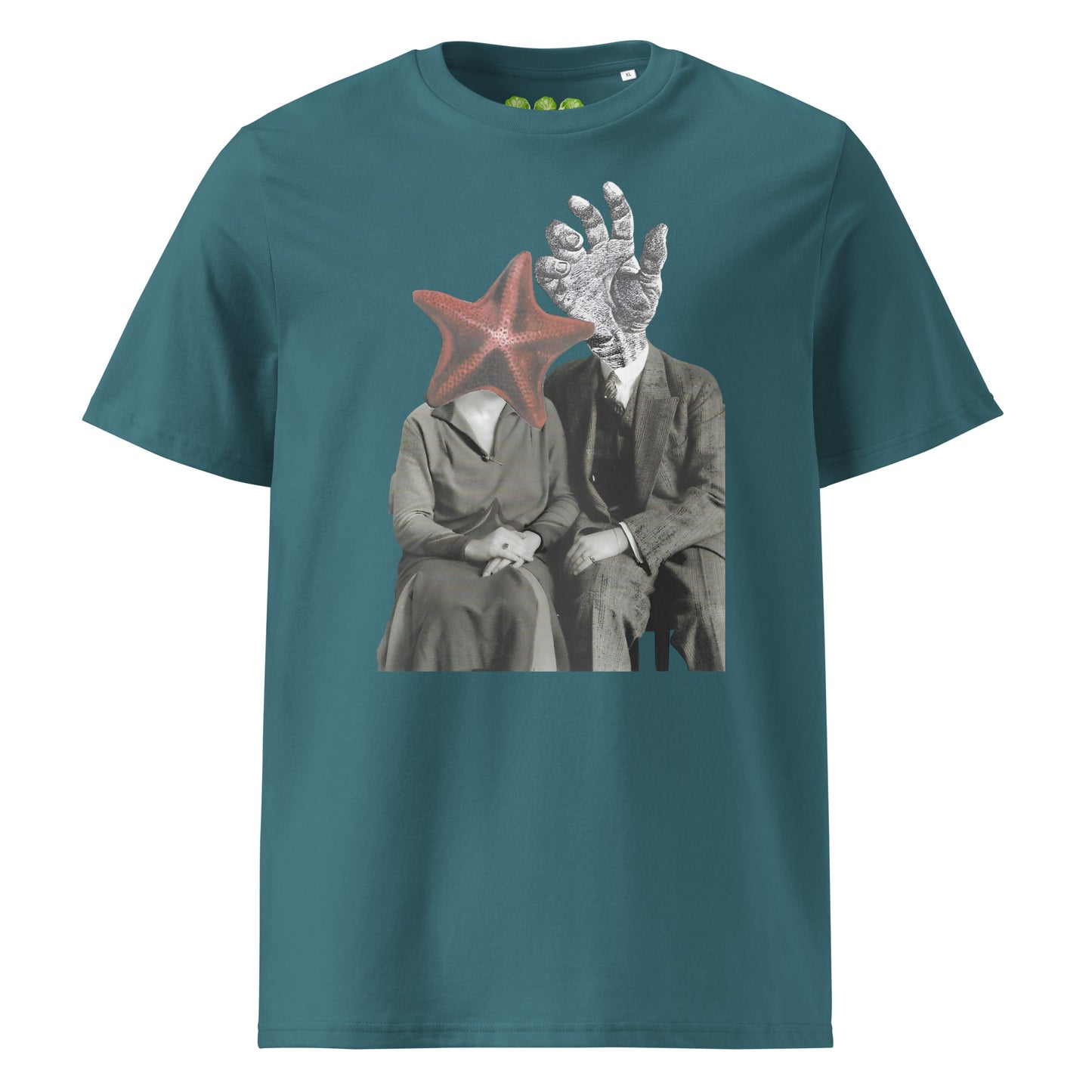 Stargazer Green "The Atlantis Lovers" collage artwork Unisex organic Art Tee Show t-shirt. Drop Nº4 of the ArtTeeShow + Ash Long collab.The Atlantis Lovers" Unisex organic-Art Tee Show