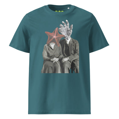 Stargazer Green "The Atlantis Lovers" collage artwork Unisex organic Art Tee Show t-shirt. Drop Nº4 of the ArtTeeShow + Ash Long collab.The Atlantis Lovers" Unisex organic-Art Tee Show