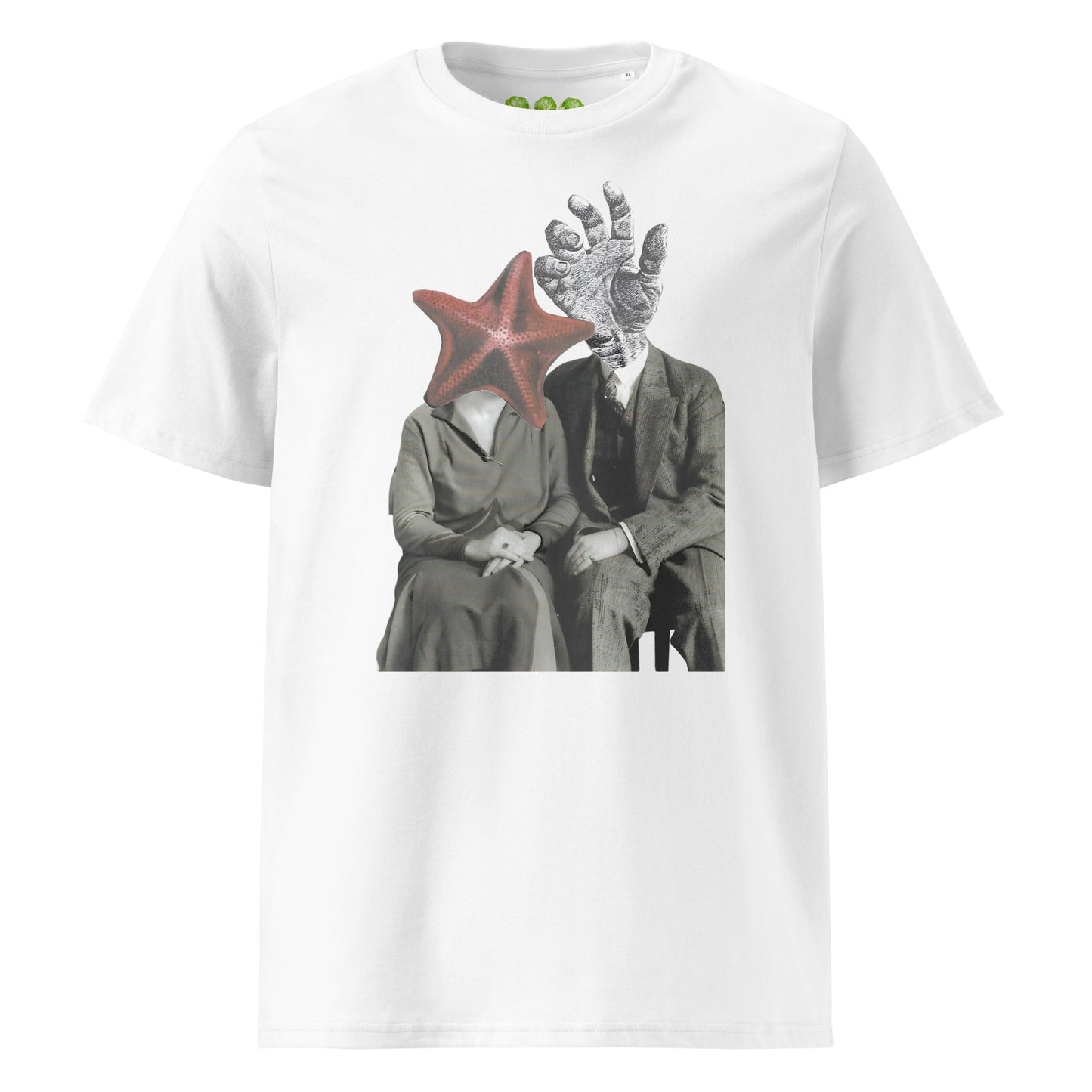 White "The Atlantis Lovers" collage artwork Unisex organic Art Tee Show t-shirt. Drop Nº4 of the ArtTeeShow + Ash Long collab.