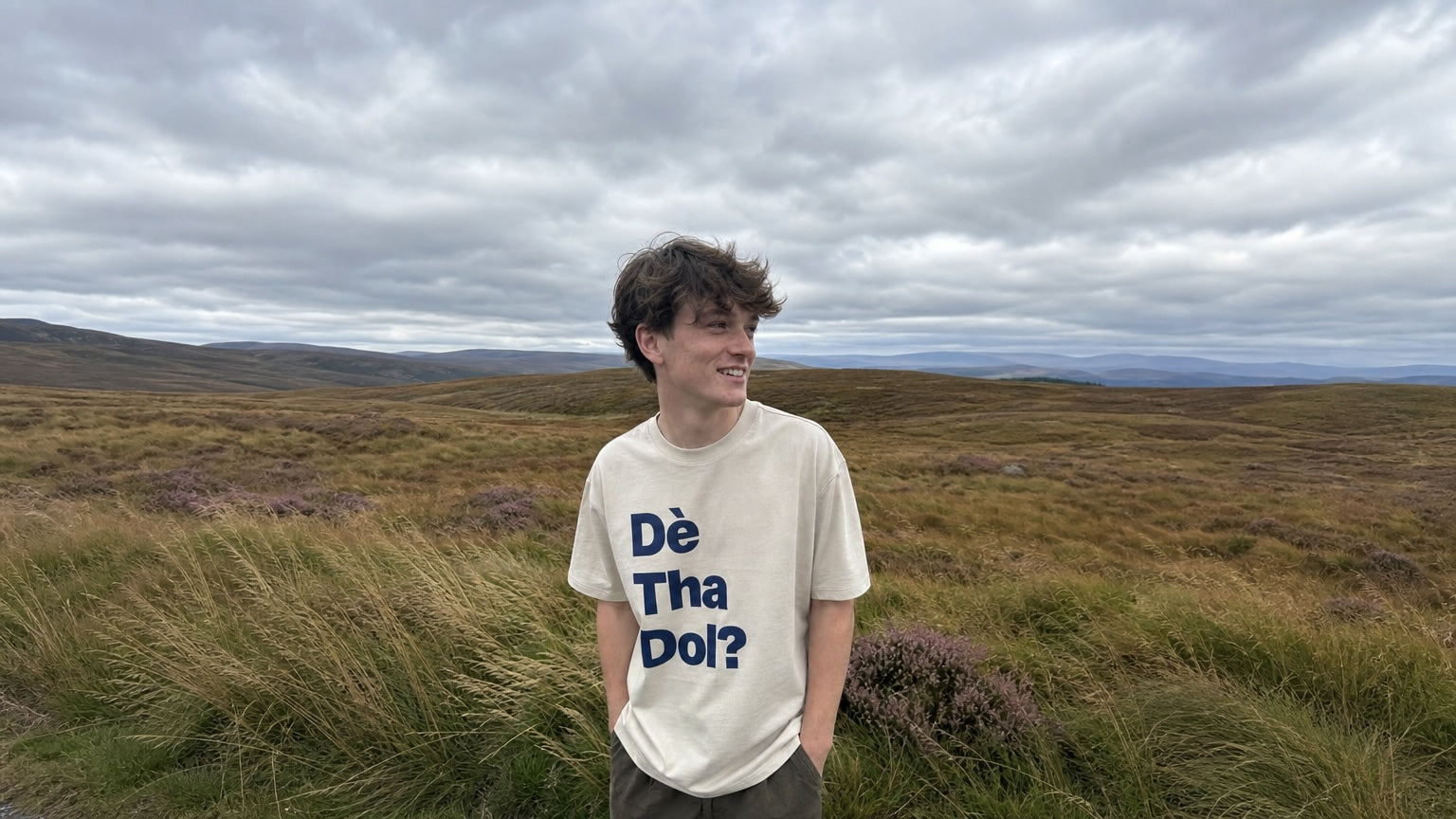 Moorland hills above Harris under a pale, clouded sky, the still that opens the Dè Tha Dol? film.