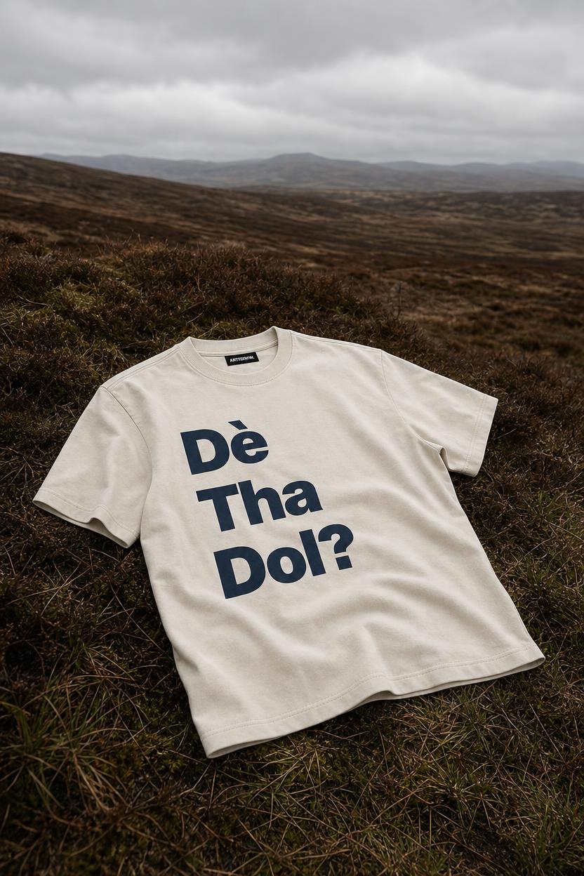 The Dè Tha Dol? tee laid flat on the moor, the hills of Harris rising behind it under a grey sky.